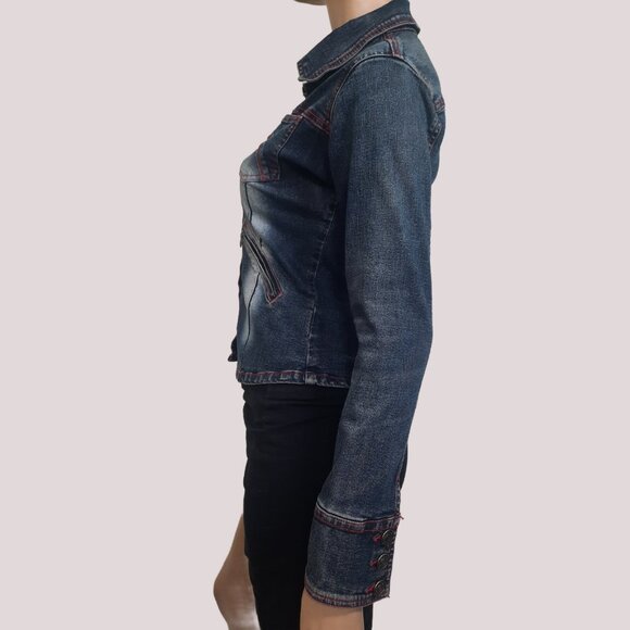 Vintage 90s Denim Shirt Jean Jacket Shacket Size 7 Western Stretch Fitted - Picture 5 of 8
